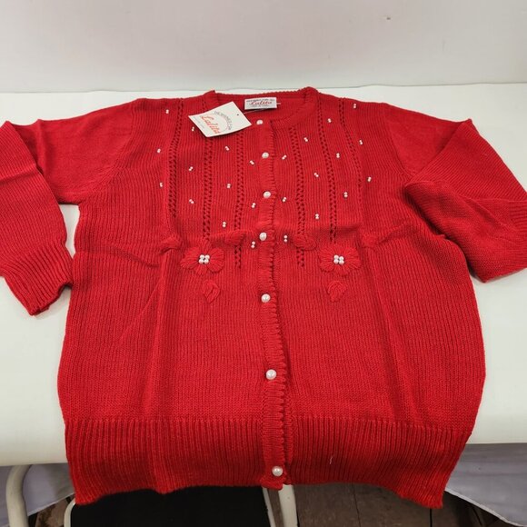 Lalita Red Cardigan Sweater with Poppies NEW Old Stock Size Large - Picture 7 of 13
